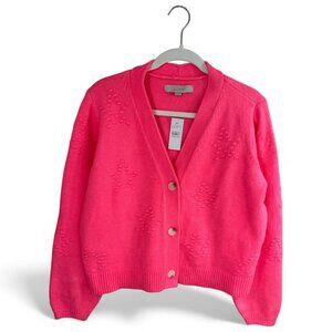 LOFT Wool Blend Bobble Cardigan Sweater Pink Textured Knit Button Front sz L NWT